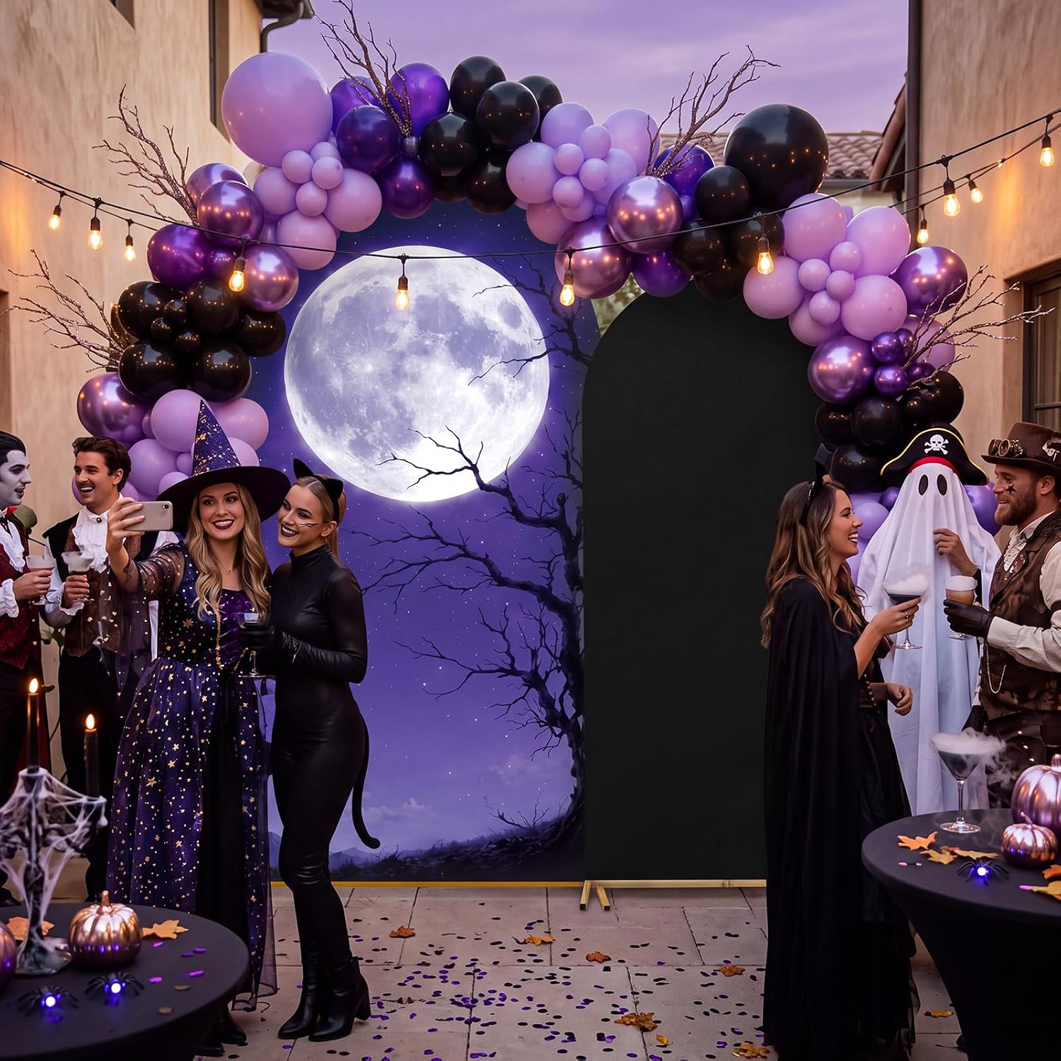 Dessert Table Backdrop - แบนเนอร์ฉากหลังงานปาร์ตี้ฮาโลวีนแบบสองด้านสั่งทำพิเศษ พร้อมลายพระจันทร์สีม่วงยามค่ำคืน สำหรับตกแต่งโต๊ะขนมในงานฮาโลวีน