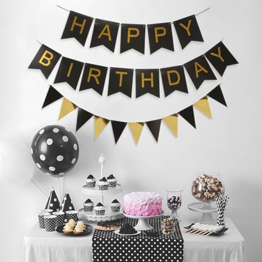 ธงลายทางสีดำและสีทองพร้อมชุดธง - Party Banner Gold บทวิจารณ์และราคา